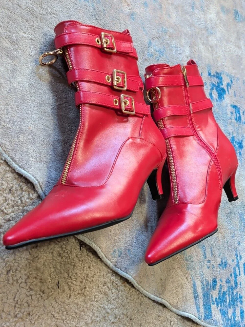 VTG Women's Red Pointed-Toe Ankle Boots with Gold Buckles Retro 12 US/ 43 EUR